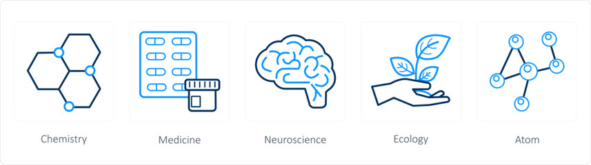 A set of 5 science icons as chemistry, medicine, neuroscience