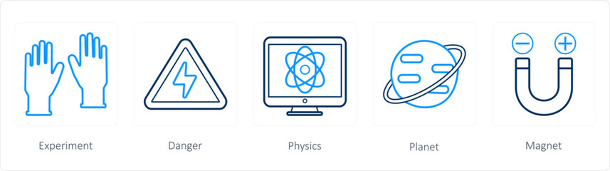 A set of 5 science icons as experiment, danger, physics