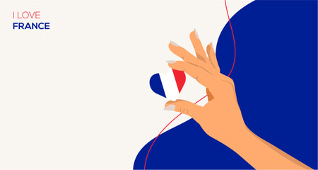 I love FRANCE with France flag. Travel hollyday, vacantion banner. Happy national holiday. France flag in heart shape. Patriotic design. Vive la France. Welcome to FRANCE. Vector illustration