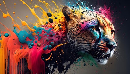Dynamic cheetah with colorful splash paint. Generative AI