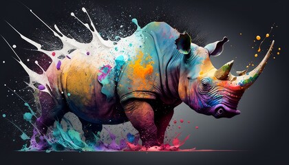 Mighty rhino with colorful splash paint. Generative AI