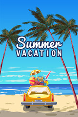 Summer vacation travel poster yellow car with luggage bags, surfboard on the beach