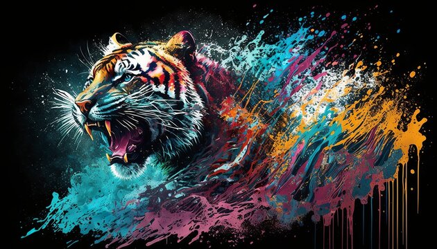 Raging tiger with colorful splash paint. Generative AI