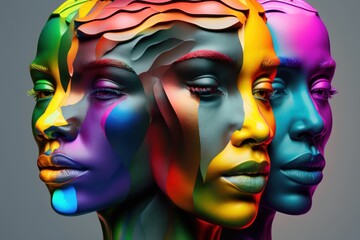 LGBTQ people faces in rainbow colors, gay pride festival, Generative AI