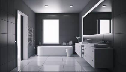 Modern minimalistic bathroom interior with bathtub, cabinet and big mirror. Generative AI