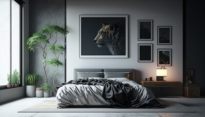 Modern minimalistic bedroom interior with double bed with bedsheet and pillow, night stand and pictures. Generative AI