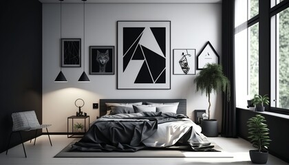 Modern minimalistic bedroom interior with double bed with bedsheet and pillow, night stand and pictures. Generative AI