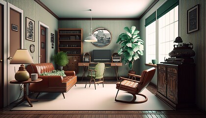 Retro style living room interior with oldschool leather sofa and wooden furnitures. Generative AI