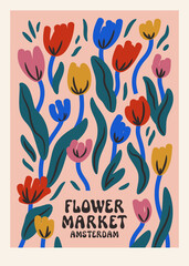 Vector Flower Market Amsterdam aesthetic wall art poster. Danish design. Simple contemporary tulip market room decor. Colorful flower kitchen decoration. Fun touristic souvenir artistic minimal print