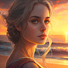 woman on the beach at sunset