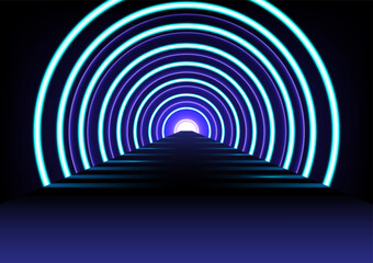 Neon blue lights circle tunnel illustration background .