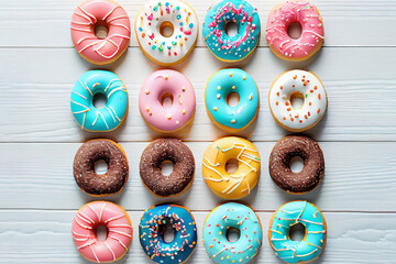 Set of sweet colored donuts on a white wooden background. Generative Ai