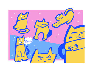 Yellow cartoon drawing cats on a blue and pink background. Drawing for bunner