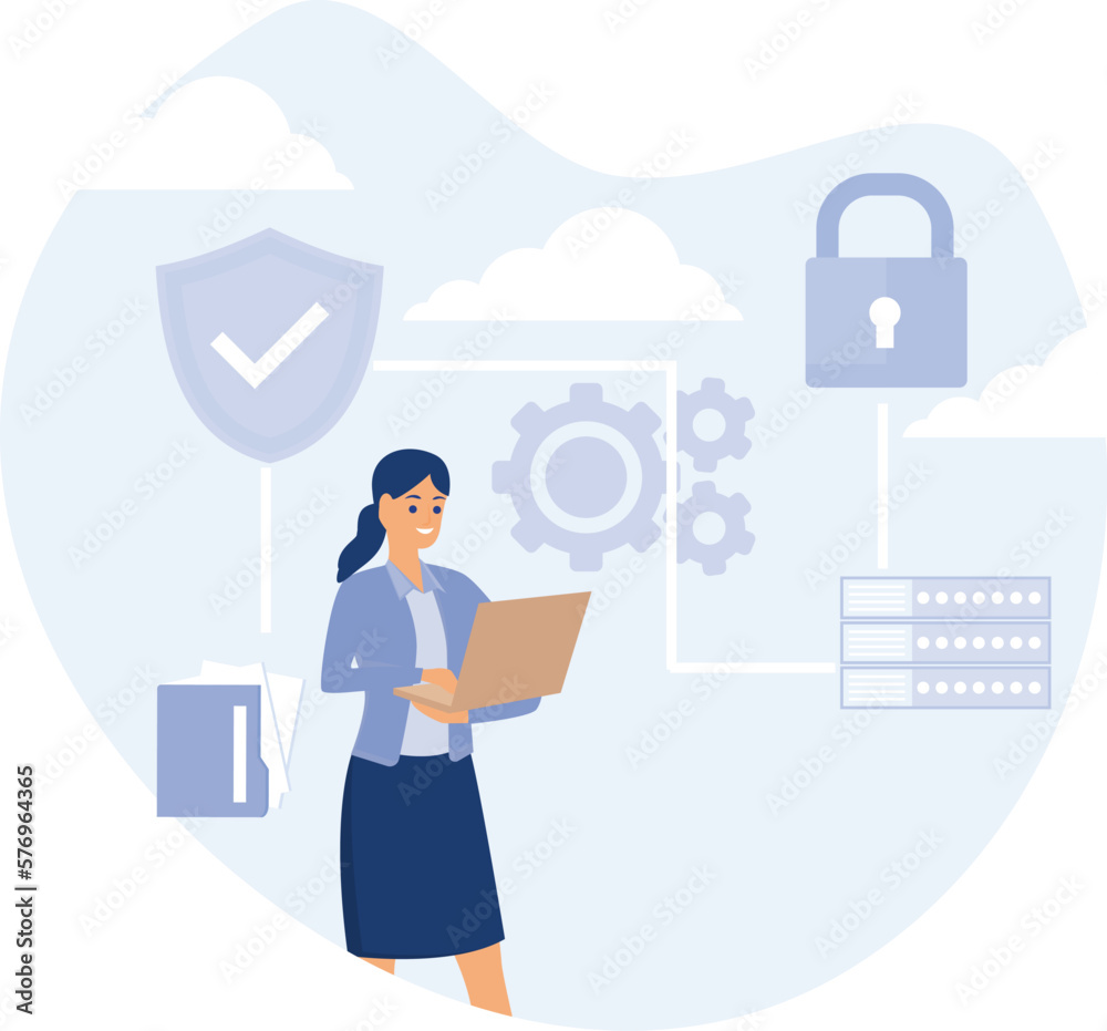 Poster database security abstract concept, secure file sharing, automatic backup, flat vector modern illust