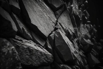 Black white stone background. Dark gray grunge banner. Mountain texture. Close-up. Volumetric. Rock background with space for design. Detail.