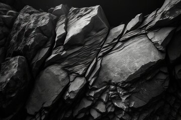 Black white stone background. Dark gray grunge banner. Mountain texture. Close-up. Volumetric. Rock background with space for design. Detail.