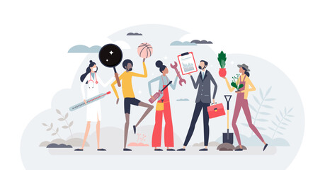 Professions as career choice different variety tiny person concept, transparent background. Work and job labor diversity with professional employees illustration. Nurse, athlete, mechanic.