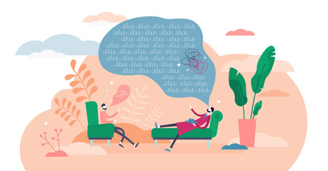 Therapy session concept, flat tiny person illustration, transparent background. Psychological trauma and stress discussion process. Mind and thoughts analysis. Abuse and anxiety treatment system.
