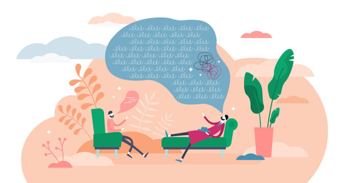 Therapy session concept, flat tiny person illustration, transparent background. Psychological trauma and stress discussion process. Mind and thoughts analysis. Abuse and anxiety treatment system.
