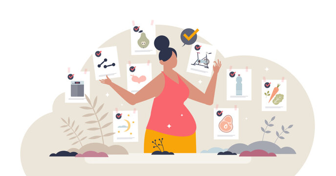 Weight loss tips with healthy habit change suggestions tiny person concept, transparent background. Control body weight and obesity with sport activities, workout, diet and good sleep illustration. - Powered by Adobe
