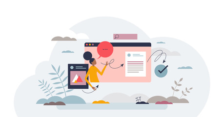 Content distribution with media upload for web sharing tiny person concept, transparent background. Marketing, advertisement and social media communication professional service illustration.