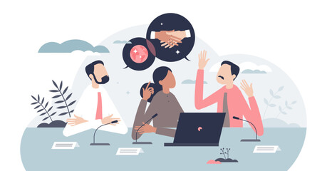 Diplomacy and diplomatic foreign united relationship tiny person concept, transparent background. International country discussion meeting about political cooperation or partnership illustration.