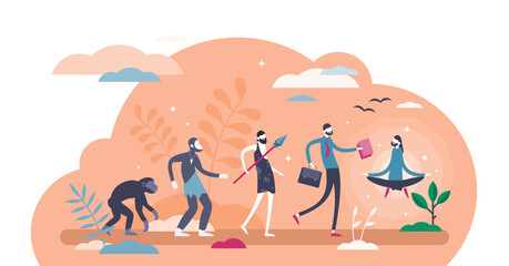 Evolution sequence stages concept, flat tiny person illustration, transparent background. Human growth from primitive caveman to homo sapiens to modern person to balanced, enlightened and meditative.