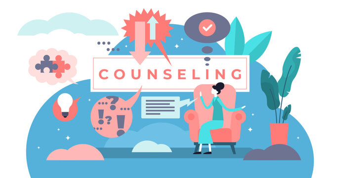 Counseling Illustration, Transparent Background. Flat Tiny Psychological Specialty Persons Concept. Supervision Career Development Training With Questions And Answers.