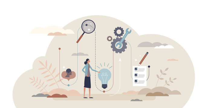Design thinking process and workflow management strategy tiny person concept, transparent background. Innovative planning stages with empathize, define, prototype and test steps.
