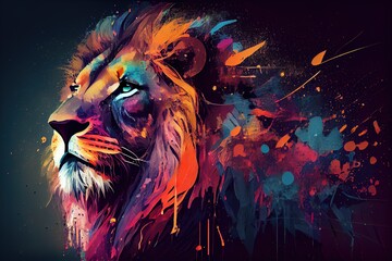 Watercolor lion head. Abstract lion, colorful. Lion's head on a black background, colorful mane. Generative AI