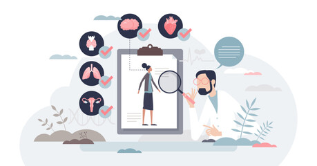Medical check up and organ health inspection or diagnosis tiny person concept, transparent background. Medical wellness research with patient examination illustration.
