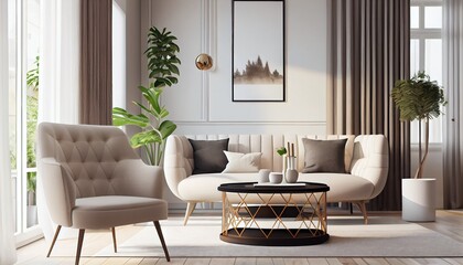 Modern Interior of living room with coffee table and white beige fabric armchair. Template for interior designer. Model of a modern living room. Generative AI