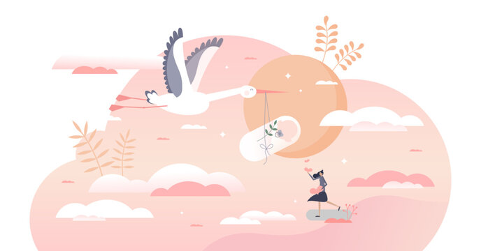 Pregnancy as newborn baby expectation and stork delivery tiny person concept, transparent background. Woman labor symbolic scene with new loving mother and child illustration.