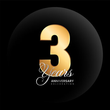 3rd Anniversary logo. Golden number with silver color text. Logo Vector Template Illustration
