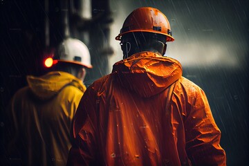 Industrial workers in orange overalls and helmets watches the work of an oil rig. View from the back, oil rig in background, night, rain, stormy weather. Generative AI