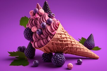Purple Ice Cream Cone decorated with berries close-up on Purple background