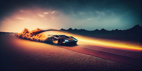 Sports car at high speed, puffs of smoke. Futuristic image of a sports car. Generative AI
