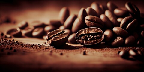 Coffee beans. Illustration of freshly roasted coffee beans against a warm background. Concept for coffee shop business. Coffee beans close-up, soft light. Flavored coffee. Generative AI
