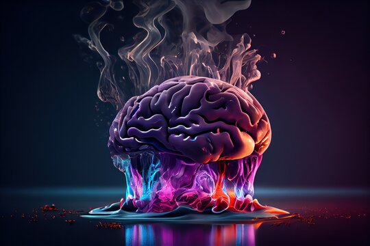 Human brain filled with smoke. Brain exploding with knowledge and creativity. Illustration of sensory overload, burnout or overexertion in everyday life. Generative AI
