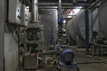 Steel pipes, tubes, steam turbine, valves, machinery, cables of modern factory. Gas boiler room of industrial zone power plant. Pump engineering station. Technical equipment system. Energy concept.