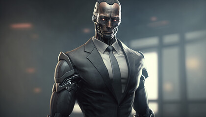 A humanoid robot android in a business suit