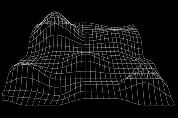 Grid perspective deformation. White terrain wireframe on black background. Relief meshed structure. Distorted lattice surface. Vector graphic illustration