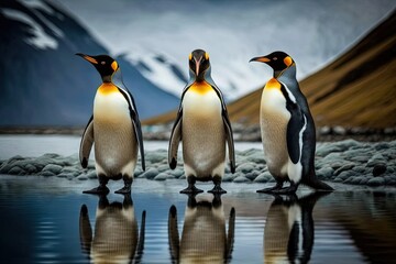 Fototapeta premium The Scottish Highlands, with three king penguins standing side by side. Generative AI