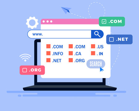 choose domain suitable for their website, Search domain, Domain name checker flat vector design.