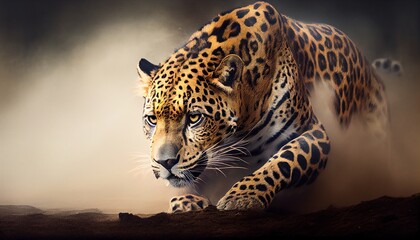 Majestic jaguar or leopard sneaking in the clouds of dust. photorealistic generative art - obrazy, fototapety, plakaty
