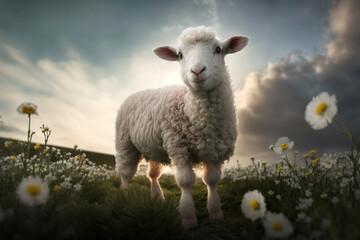 Young sheep amidst daisies with a dramatic sky backdrop, a serene and natural setting.
