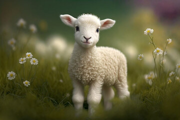 Obraz premium A young lamb stands amidst daisies, symbolizing innocence and the freshness of spring.