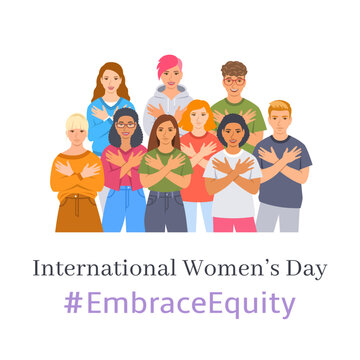 Embrace equity campaign. International Women's Day 2023 theme. Smiling diverse women and men hugging themselves to stop gender discrimination and stereotypes. Gender equal inclusive world.