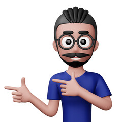 Happy excited man pointing to the side, Cute cartoon character, 3d rendering