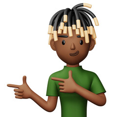 Happy excited man pointing to the side, Cute cartoon character, 3d rendering
